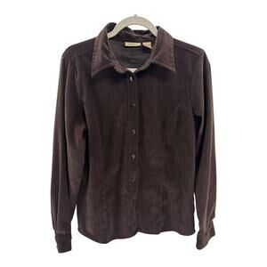 Analogy Women’s Brown Faux Suede Button-Up Shirt Size Large | Soft Feel Blouse